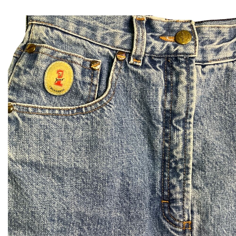 Trussardi Jeans Denim Mini Skirt Embroidered Logo Italy Vintage Size 26 90's Y2K - Picture 5 of 7